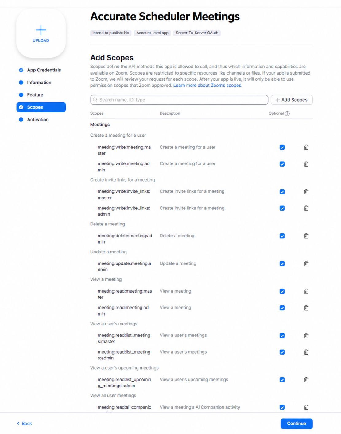 Step 7 Zoom selected scopes review page showing meeting permissions and Continue control
