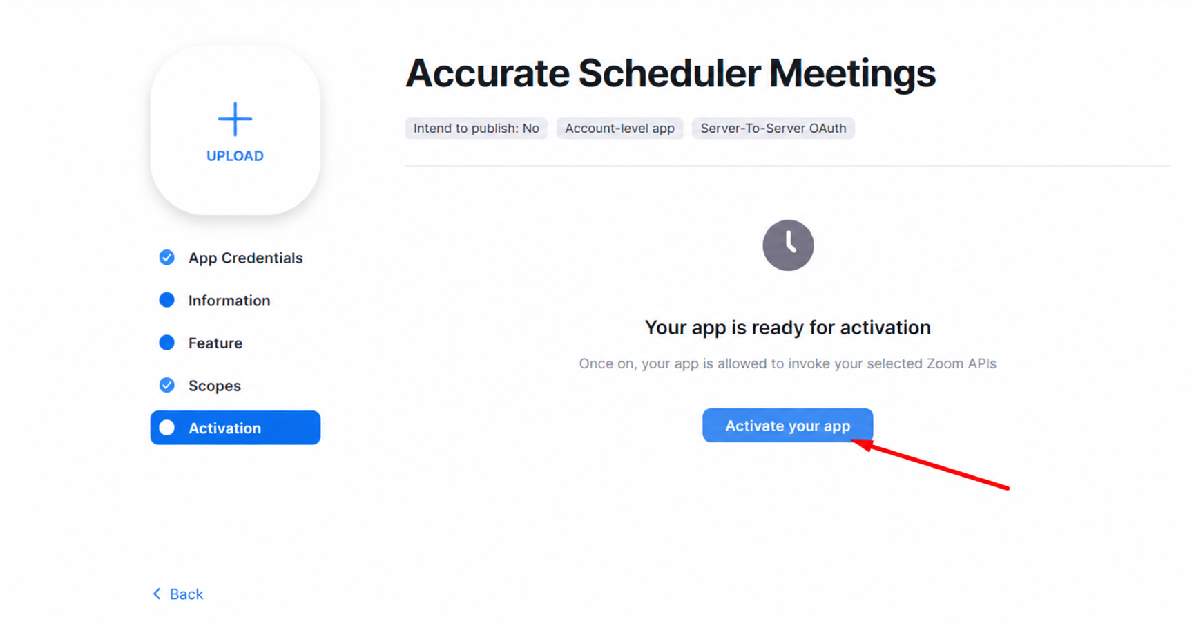 Step 8 Zoom Activation page with Your app is ready for activation and Activate your app button