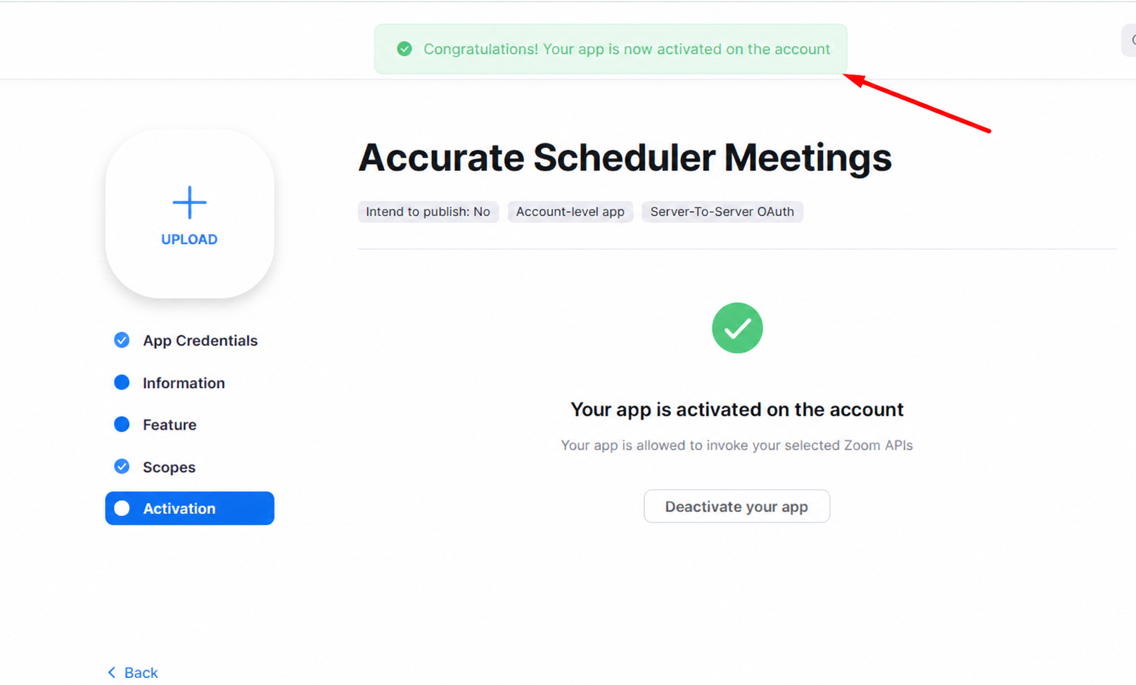 Step 9 Zoom activation success banner green checkmark and app activated status