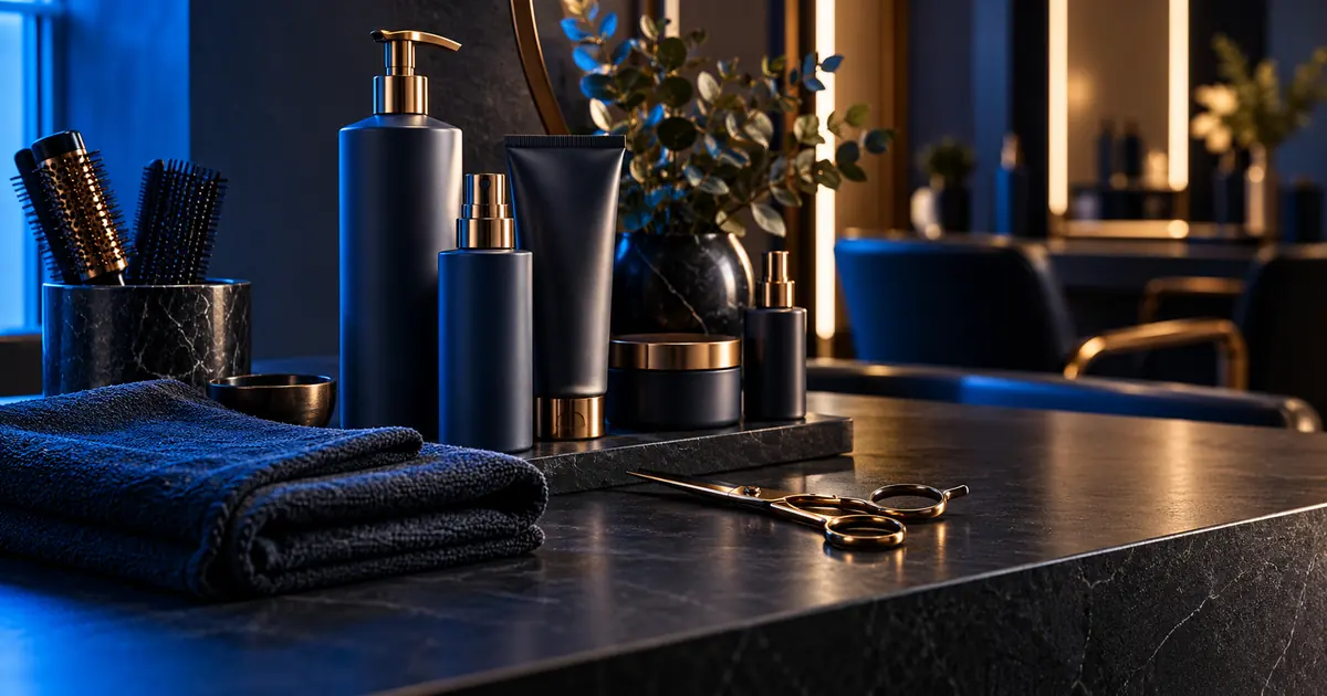 Black Friday salon marketing ideas illustrated with salon tools on a dark counter