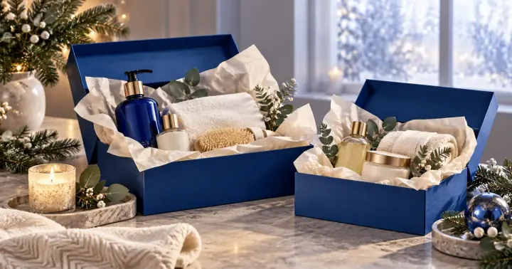Boxing Day salon marketing illustration with blue gifts and spa products