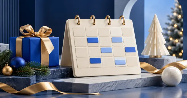 Christmas appointment scheduling illustrated with blue calendar tiles and a wrapped gift