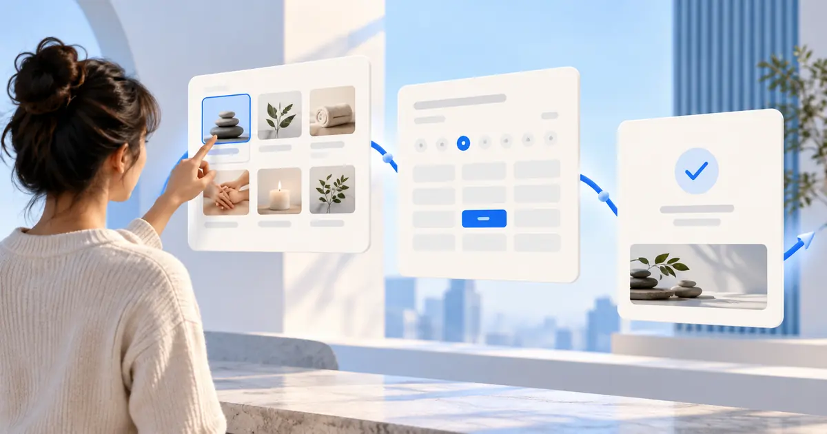 Conceptual panels illustrating an online booking system for small businesses