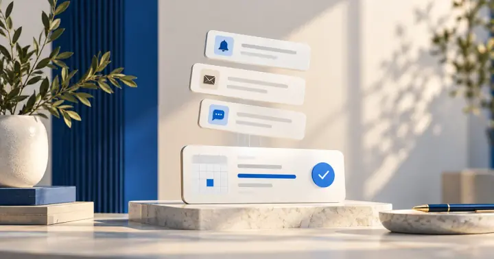 Conceptual reminder message cards above a confirmed appointment tile