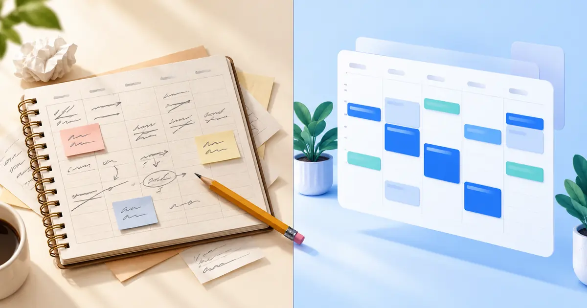 Scheduling software vs manual booking illustrated by a digital board and paper notebook