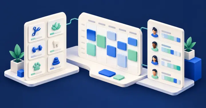 Conceptual service selection, weekly scheduling and team availability modules